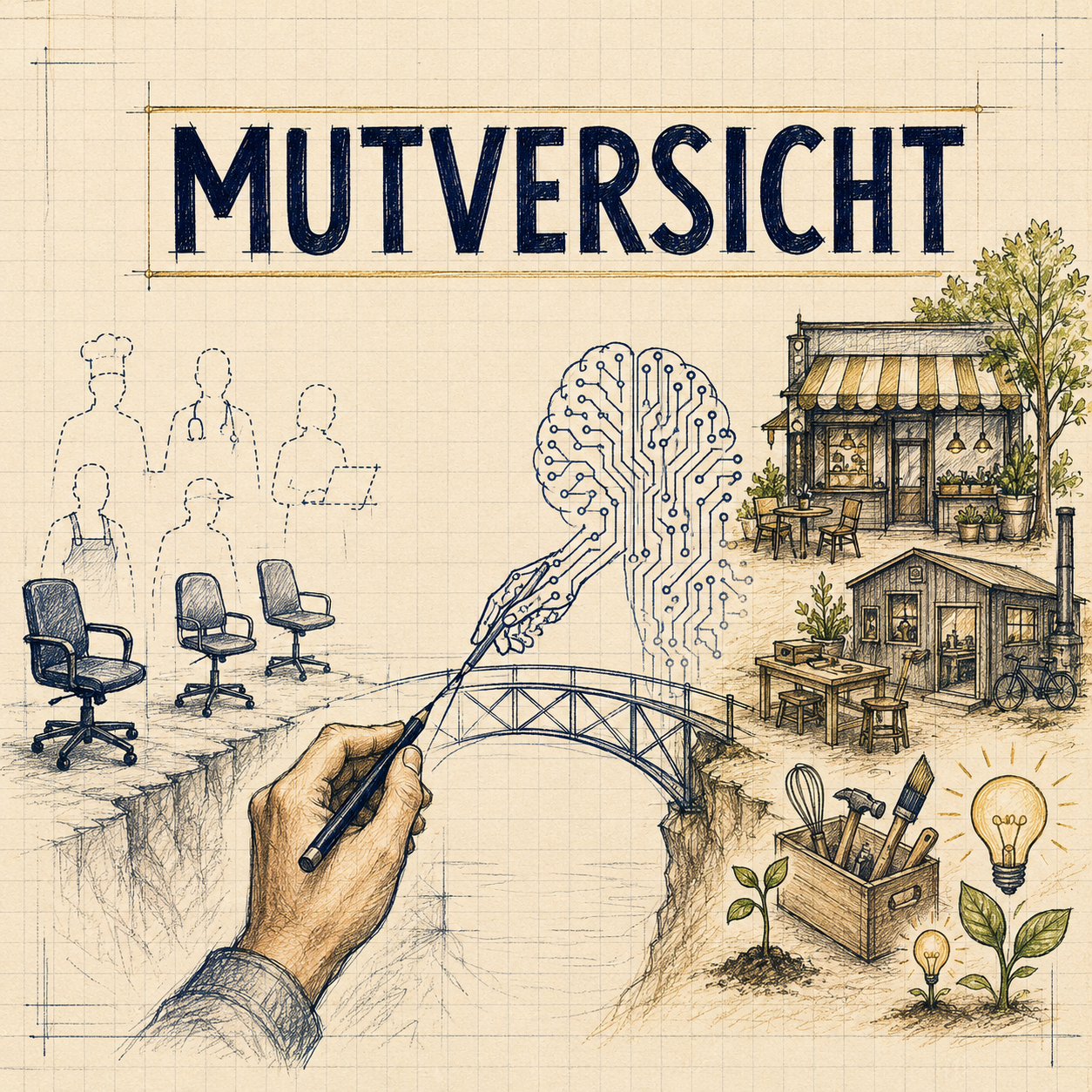 Handgezeichnete Brücke zwischen offenen Arbeitsplätzen, KI und neuen Geschäftsmöglichkeiten mit der Überschrift Mutversicht