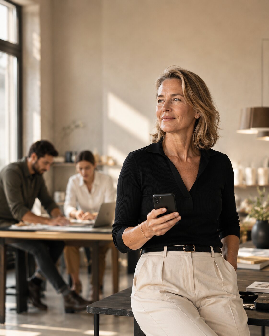 Erfahrene Unternehmerin mit Smartphone, während ihr Team selbstständig im Hintergrund arbeitet